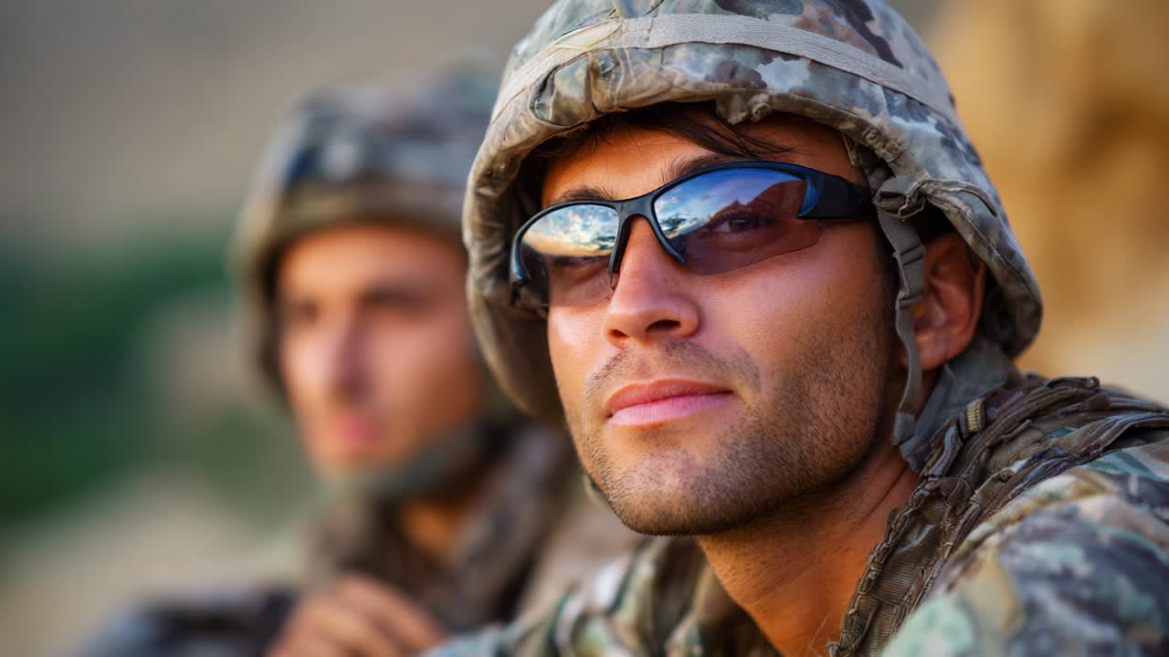 A soldier captures a moment of introspection, showcasing determination and resilience in a serene environment, while another service member remains focused in the background, emphasizing camaraderie and strength