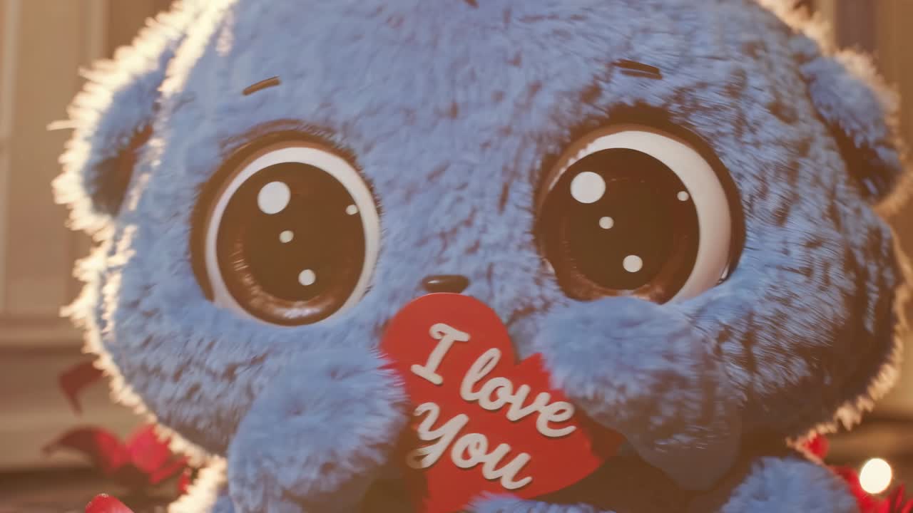 Adorable blue plush character holding red heart expressing different emotions through changing facial expressions, conveying love message with playful charm