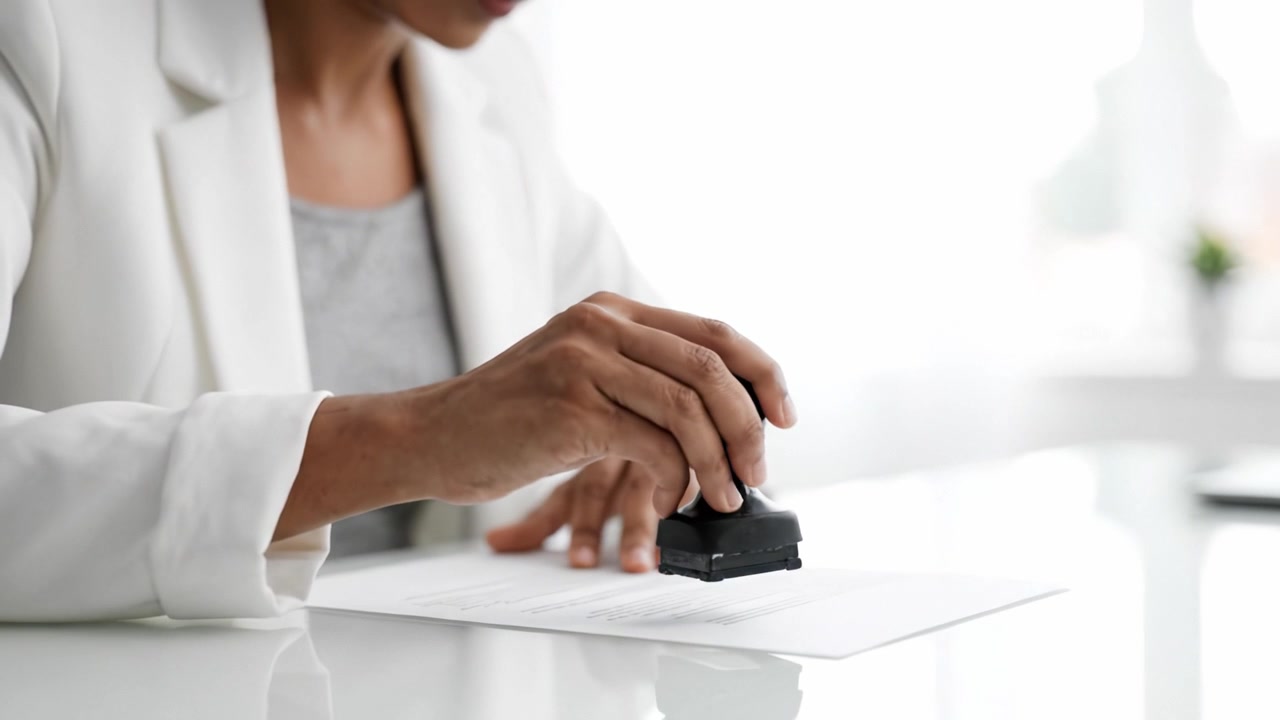 En fokuseret person påfører et stempel på et vigtigt dokument, hvilket symboliserer autorisation eller validering i professionelle omgivelser med en moderne æstetik.