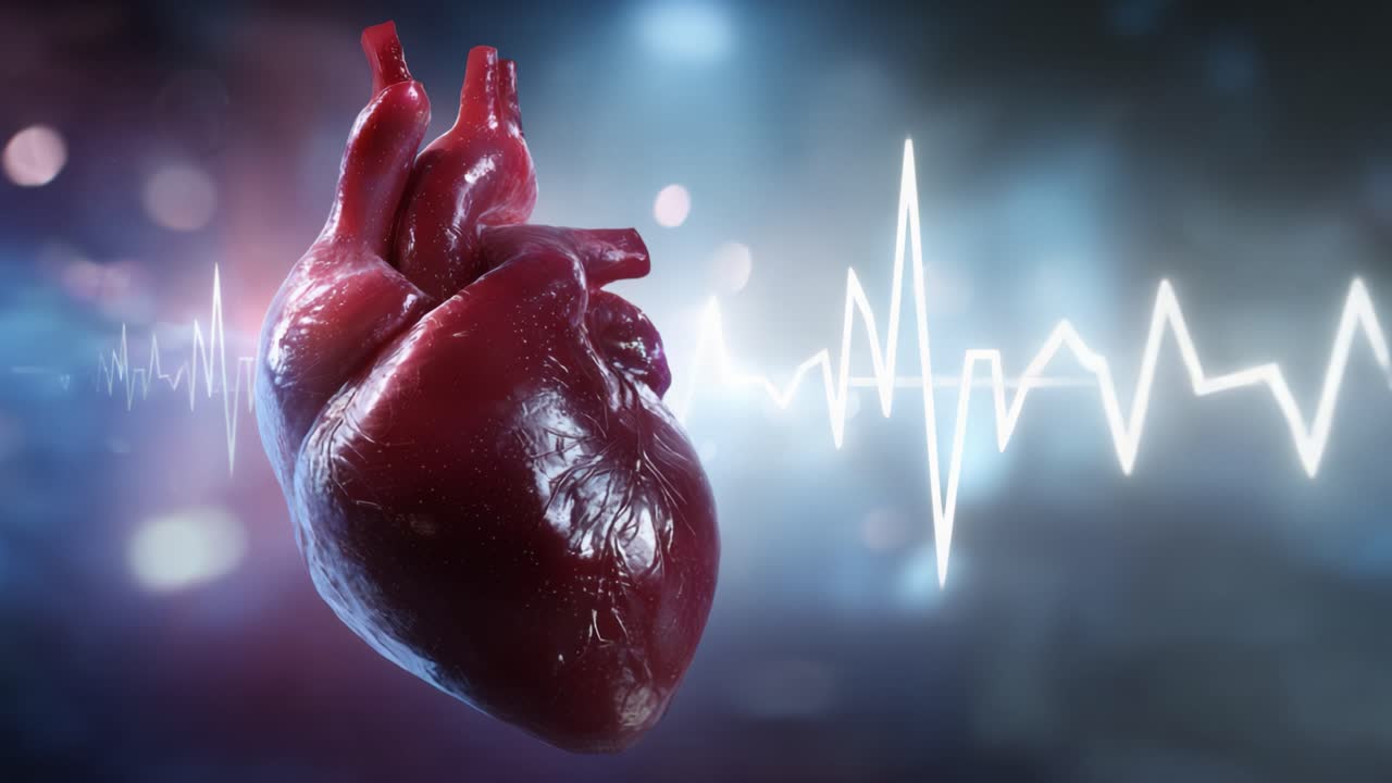 Captivating Visualization of a Human Heart with Pulse Representation in a Vibrant and Dynamic Background of Light and Color Patterns