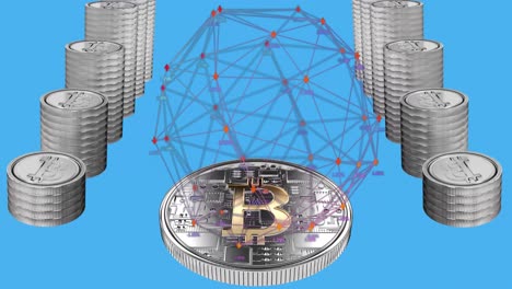 Globe-of-connections-over-stack-of-bitcoins-against-blue-background.