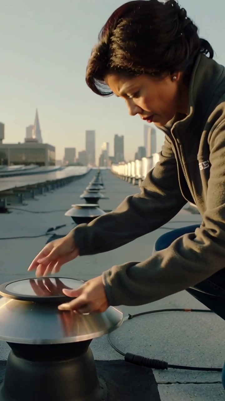 Vertical video: Placing tech in dark jacket fitting sensor discs on roof vents for data, copy space