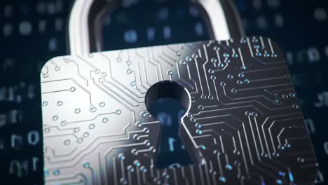 a close-up look at a digital lock, featuring intricate circuit patterns and a secure keyhole in a high-tech context, symbolizing cybersecurity and data protection
