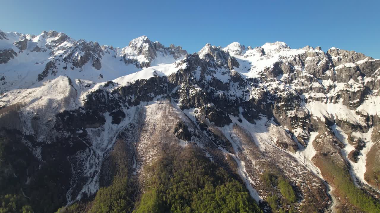 montañas con picos rocosos cubiertos de nieve blanca en un soleado día de primavera en los alpes albaneses