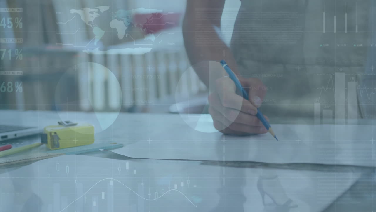 인포그래픽 인터페이스의 애니메이션, 사람들의 타임 스, 연필로 그림 그리는 백인 여성