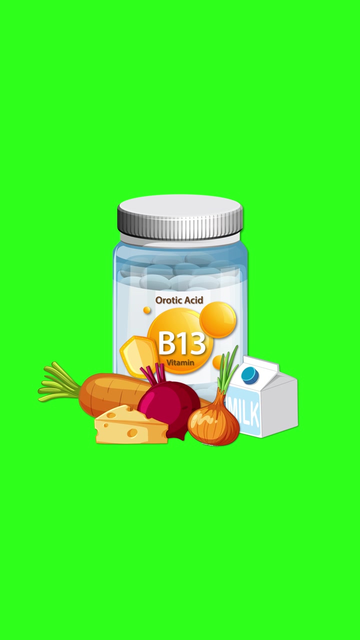 Bottiglia di Vitamina B13 con verdure, formaggio, latte appare su schermo verde, transizioni additive fluide.