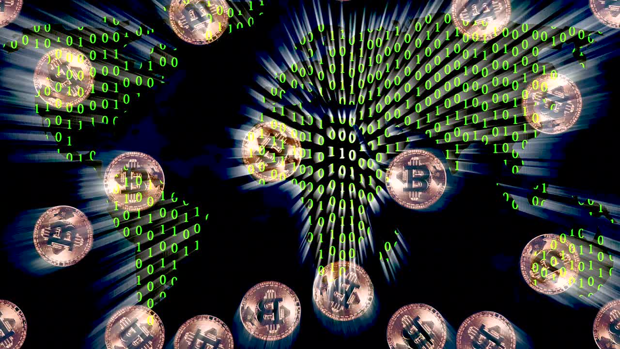 세계 지도는 비트코인으로 지불하기 위한 데이터가 전송되는 세계화된 디지털 세계를 보여줍니다.