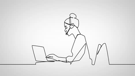 animación del dibujo de una mujer de negocios usando auriculares de teléfono sobre un fondo blanco
