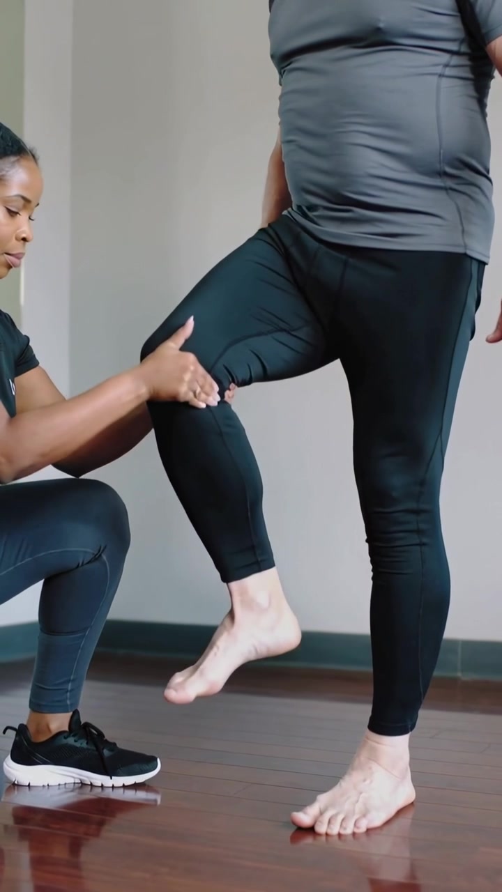 Vertical video: Placing hands trainer guiding client calf in studio, testing knee tracking barefoot