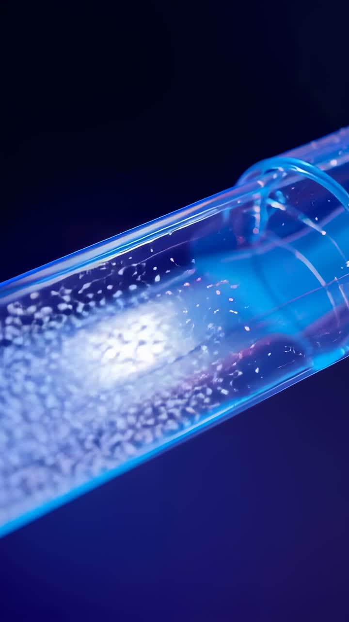 Video verticale: flusso di gas che causa la formazione di microbolle che salgono in un tubo in studio, con anello e luce blu