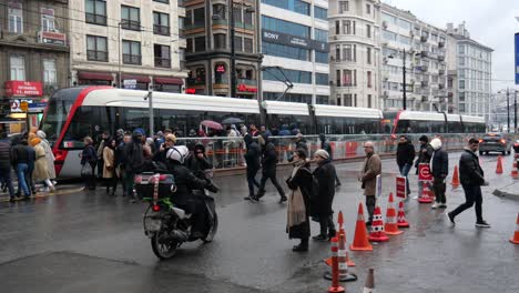 rainy day tram stop in istanbul