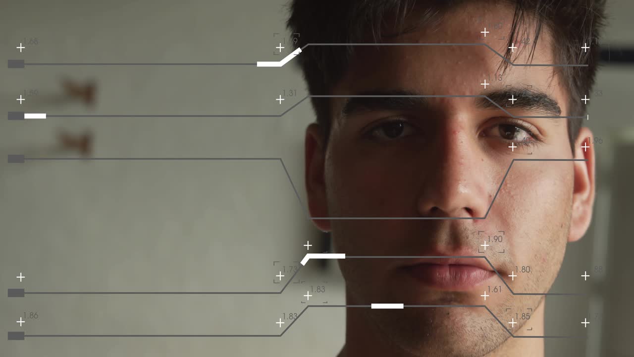 Man facing forward, HUD overlay guides moving from left and scanning cheek connector for biometrics