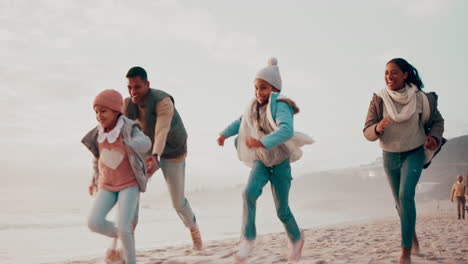travel, playful and family running on beach
