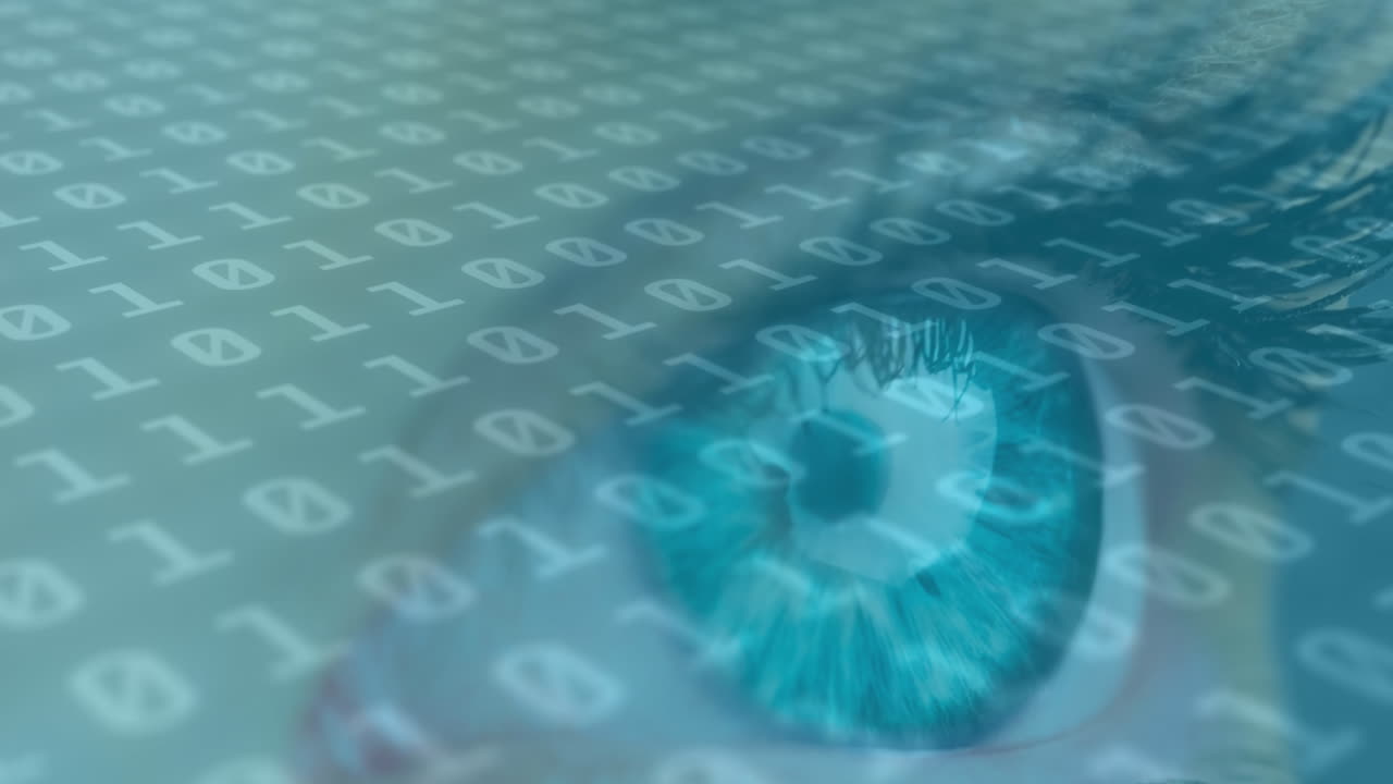 변화하는  ⁇ 색 이진 숫자와 함께 여성의 파란 눈의 애니메이션