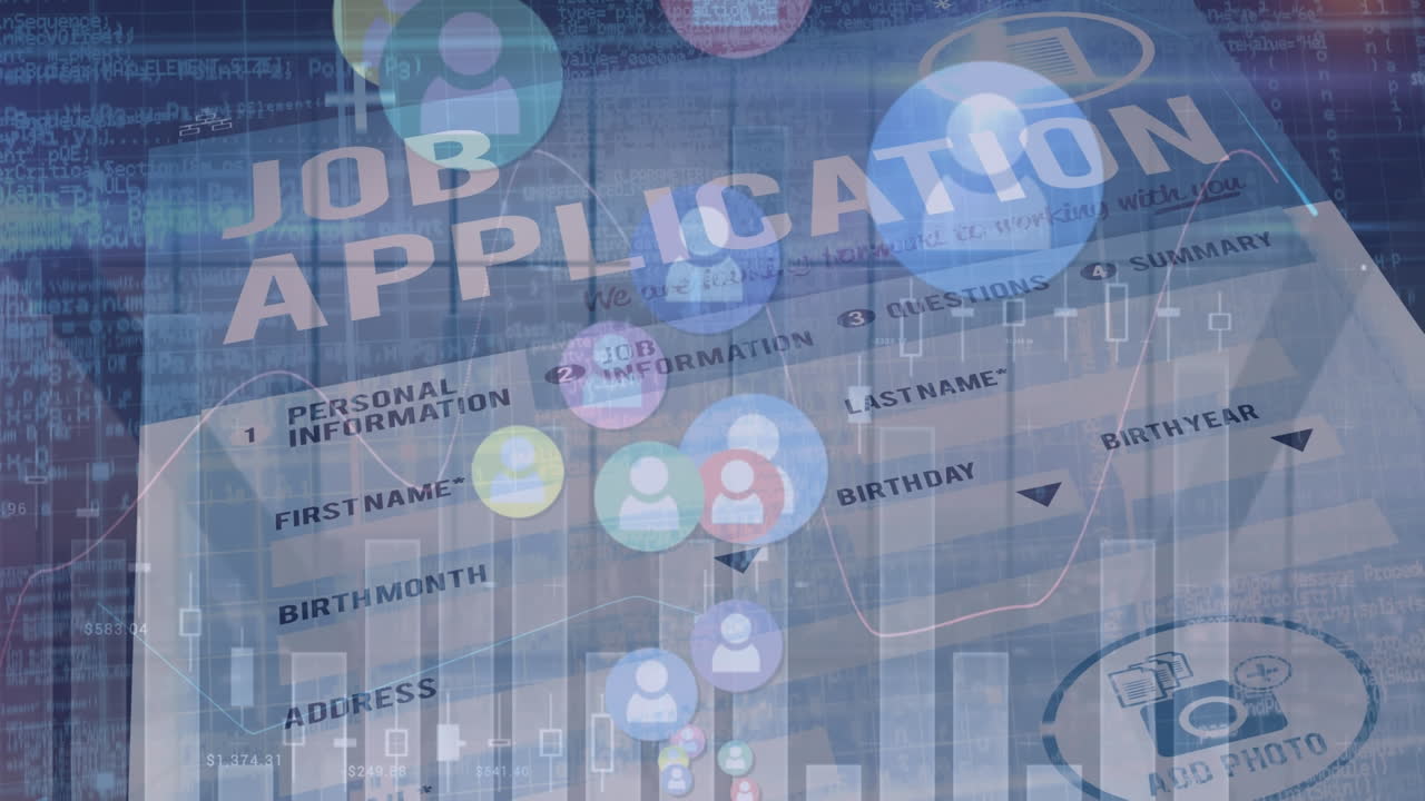 Animation d'un réseau de connexions avec des icônes sur une candidature d'emploi