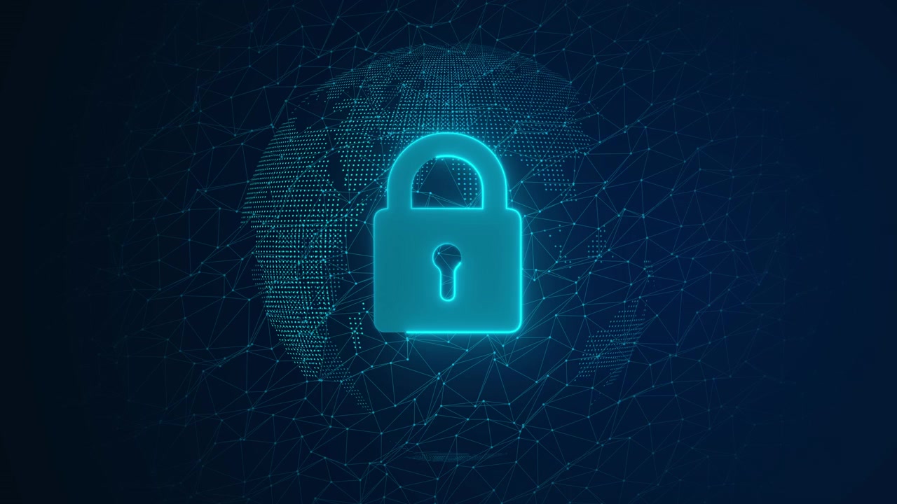 Digital Security Concept with Glowing Padlock and Rotating Globe