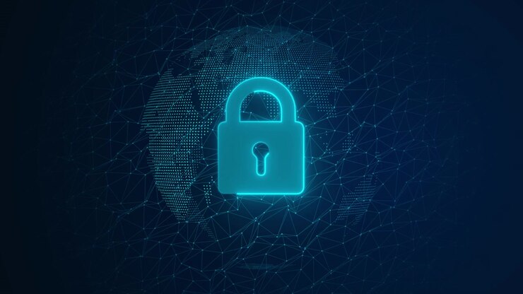 Digital Security Concept with Glowing Padlock and Rotating Globe