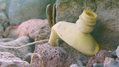 an old plastic bottle lies trapped between a rock and a hard place