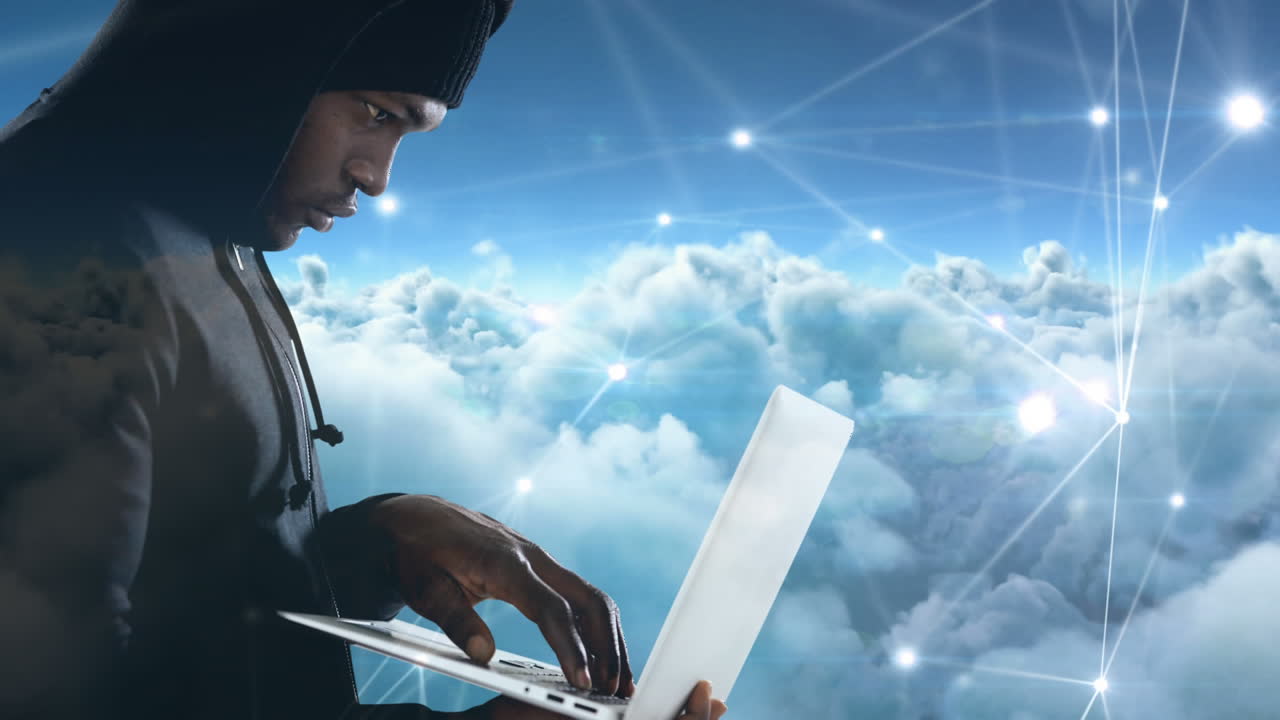 Digital animation of hacker using the laptop 4k