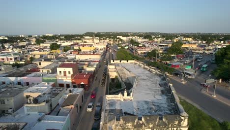 drone shot in fpv of the walled city of campeche in mexico at sunset