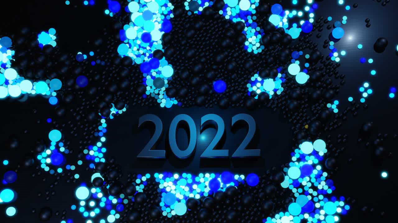 números de año nuevo en bucle 2022 y guirnalda de navidad de bolas o esferas esparcidas en el plano, que se iluminan en azul y forman un hermoso patrón. composición de navidad 4k con luz de neón