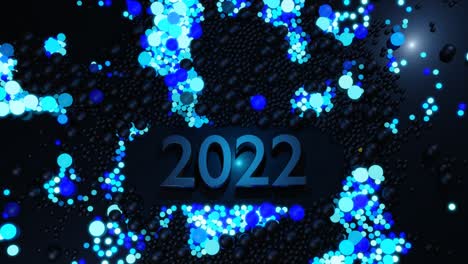 looped new year's bg. numbers 2022 and christmas garland of balls or spheres scattered on plane, which light up blue and form a beautiful pattern. 4k christmas composition with neon light