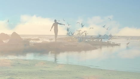 animation of blue sky and clouds over caucasian man running at beach