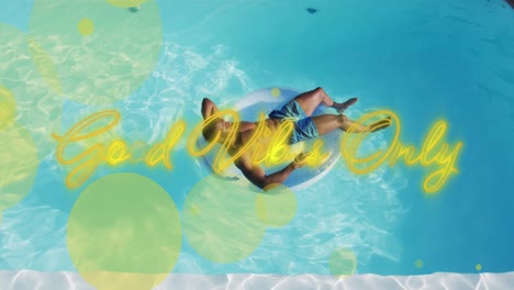 Animation-of-good-vibes-only-african-american-man-in-swimming-pool