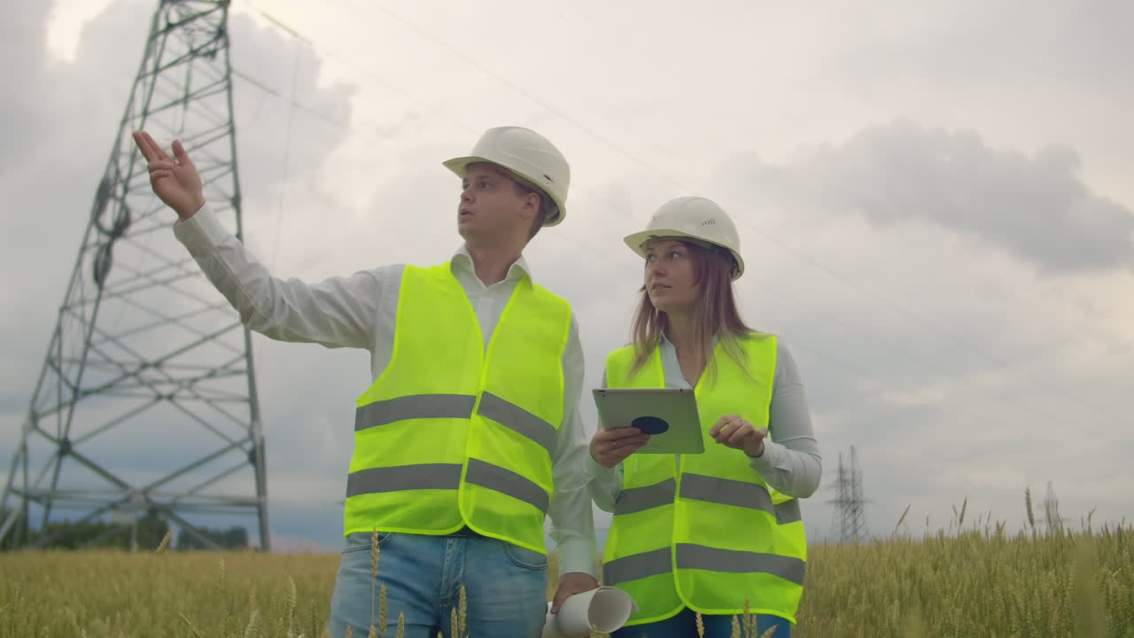 An electrician in the fields near the power transmission line. The electrician manages the process of erecting power lines. The mechanic in a helmet