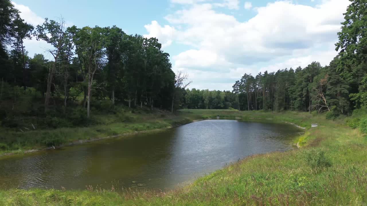 "дрон летит над освещенным озером европы, раскрывая спокойную лагуну, пышный лес и природные пруды