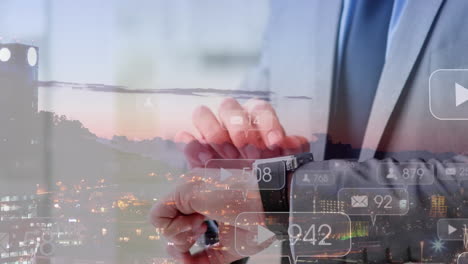 animation of falling numbers and security shield over man using smartwatch