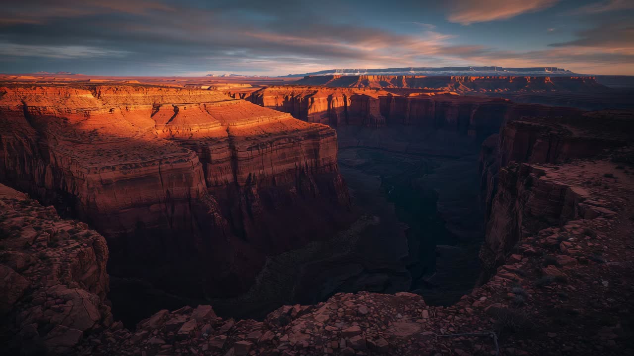 Bathing sunlit sandstone mesa casting canyon shadows as sinking sun warming cliffs, pink clouds