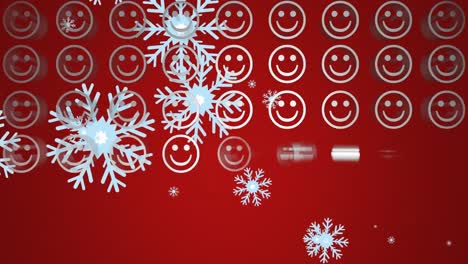 Animation-Von-Schneeflocken-Symbolen-über-Mehreren-Emoji-Symbolen-Mit-Lächelnden-Gesichtern-Vor-Rotem-Hintergrund
