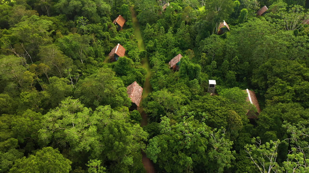 Cinematic drone shot of jungle lodges in the Amazon Rainforest in Iquitos Peru near the Amazon River