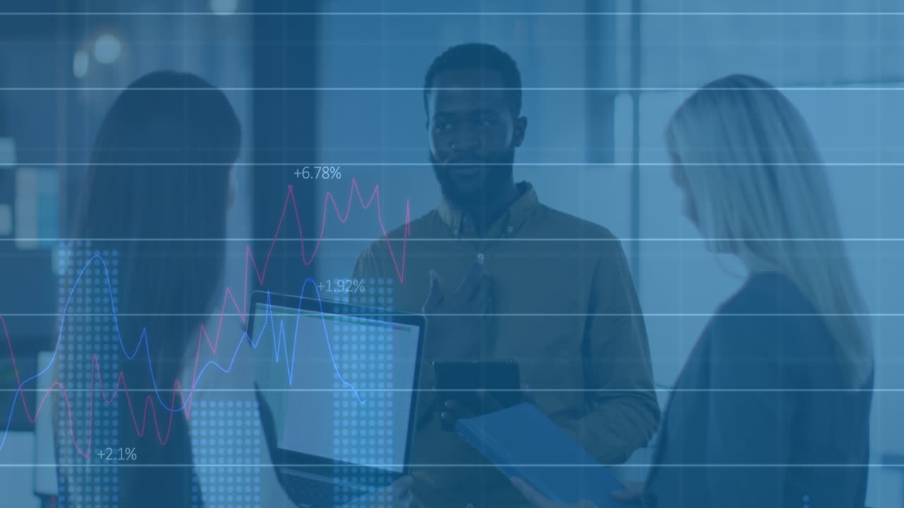 Animation of multiple graphs and changing numbers, diverse coworkers talking in office