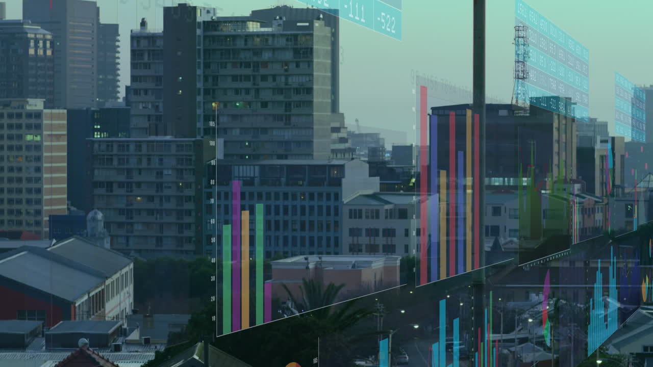 도시 풍경의 공중 전망에 대한 데이터 처리를 가진 화면의 애니메이션