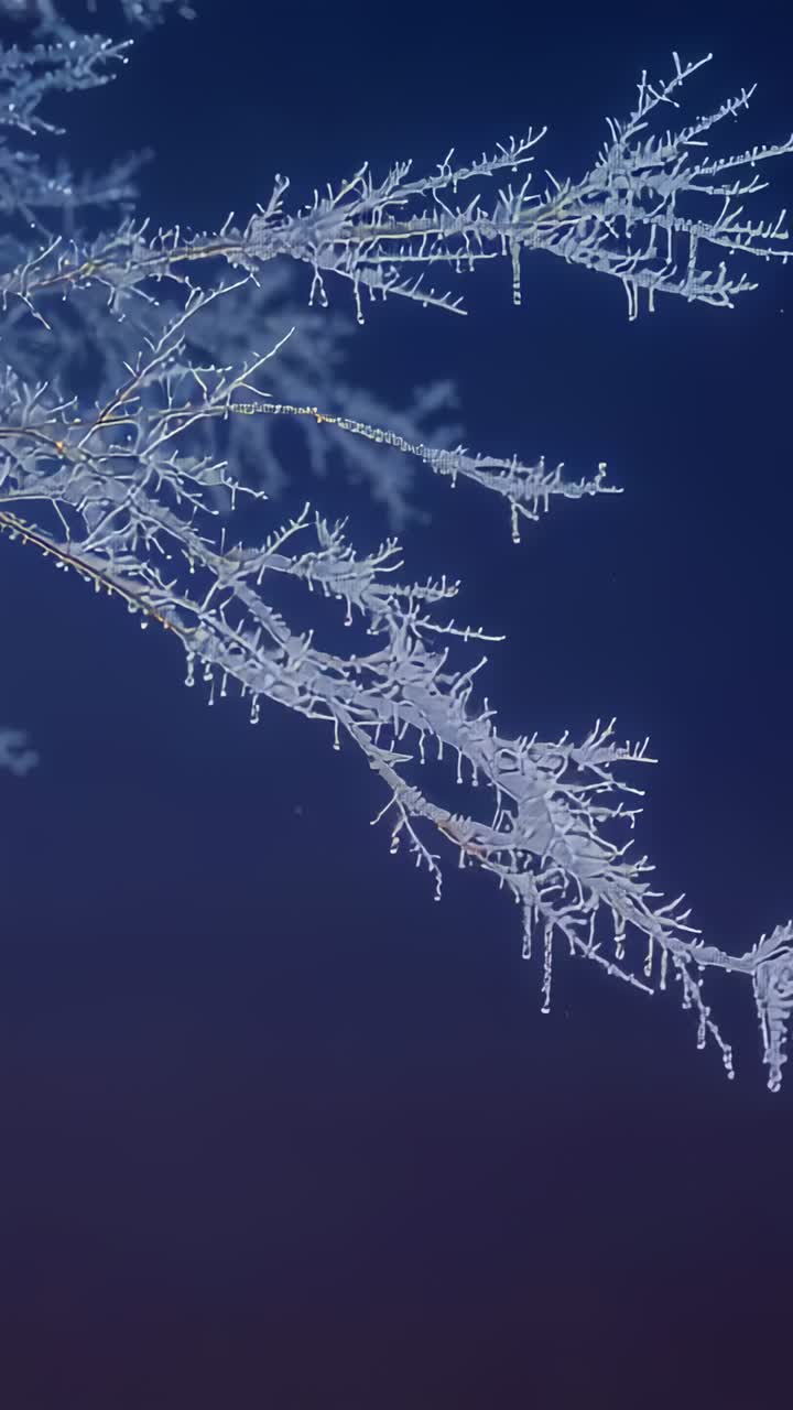 Vertical video: Glistening frosted branch holding icicles in twilight, falling flakes making drips