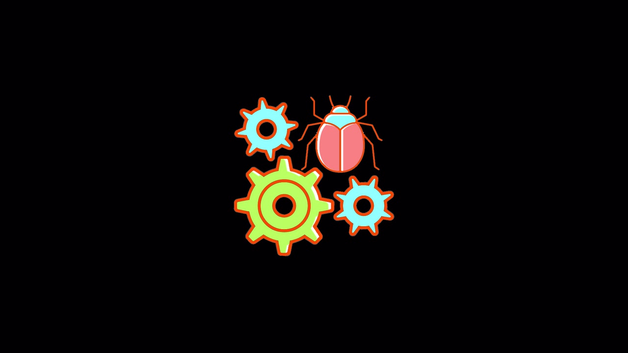 Animated Software Bug Icon with Rotating Gears on Black Background