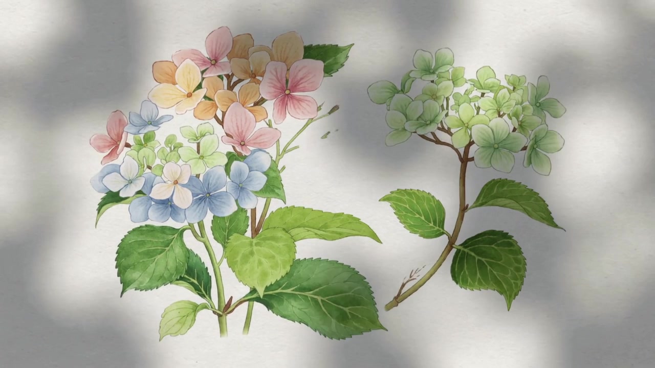 Showing watercolor sprigs filling on pale paper over time, forming bloom, dappled shadows shifting