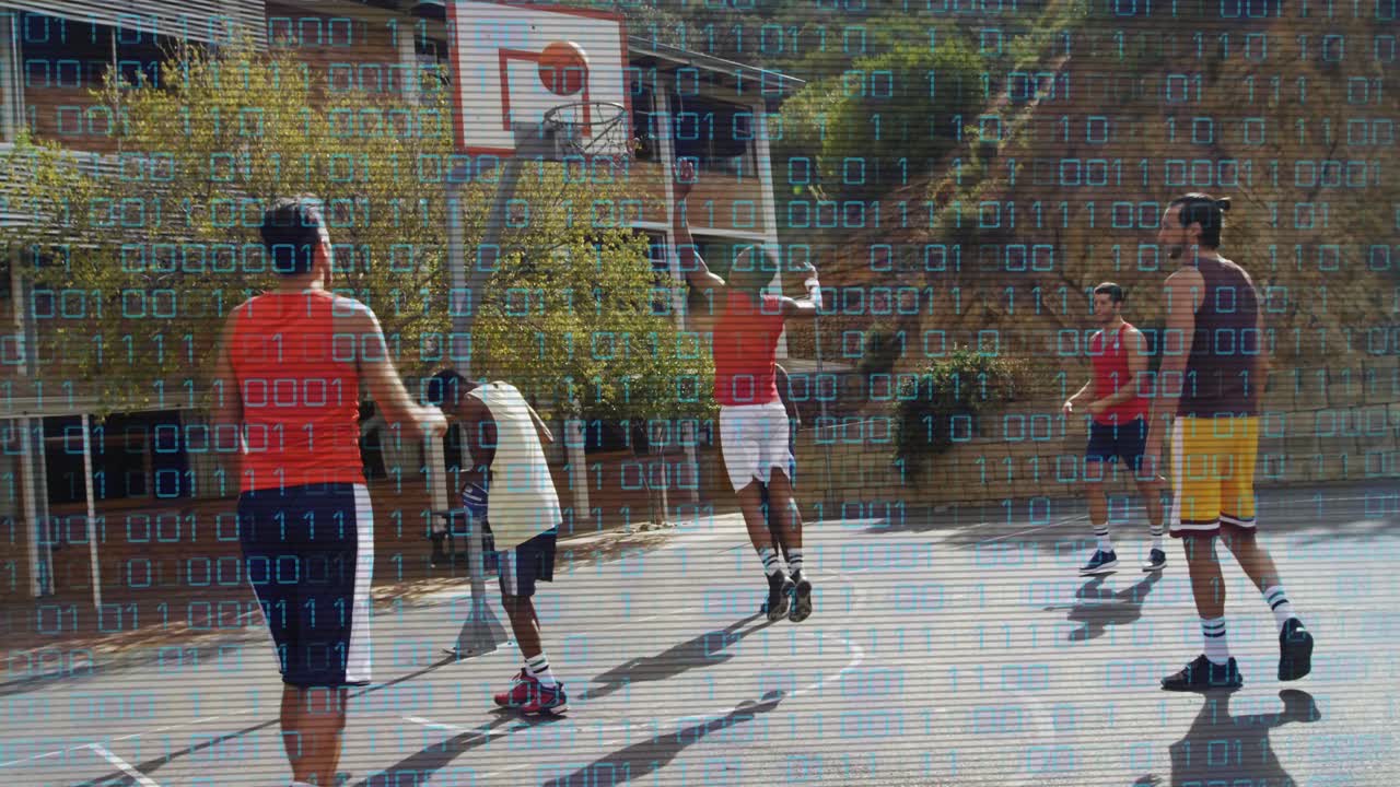 Passe do colega de equipe aciona o arremessador que executa o arremesso de basquete, com jogadores correndo sob a cesta para o rebote.