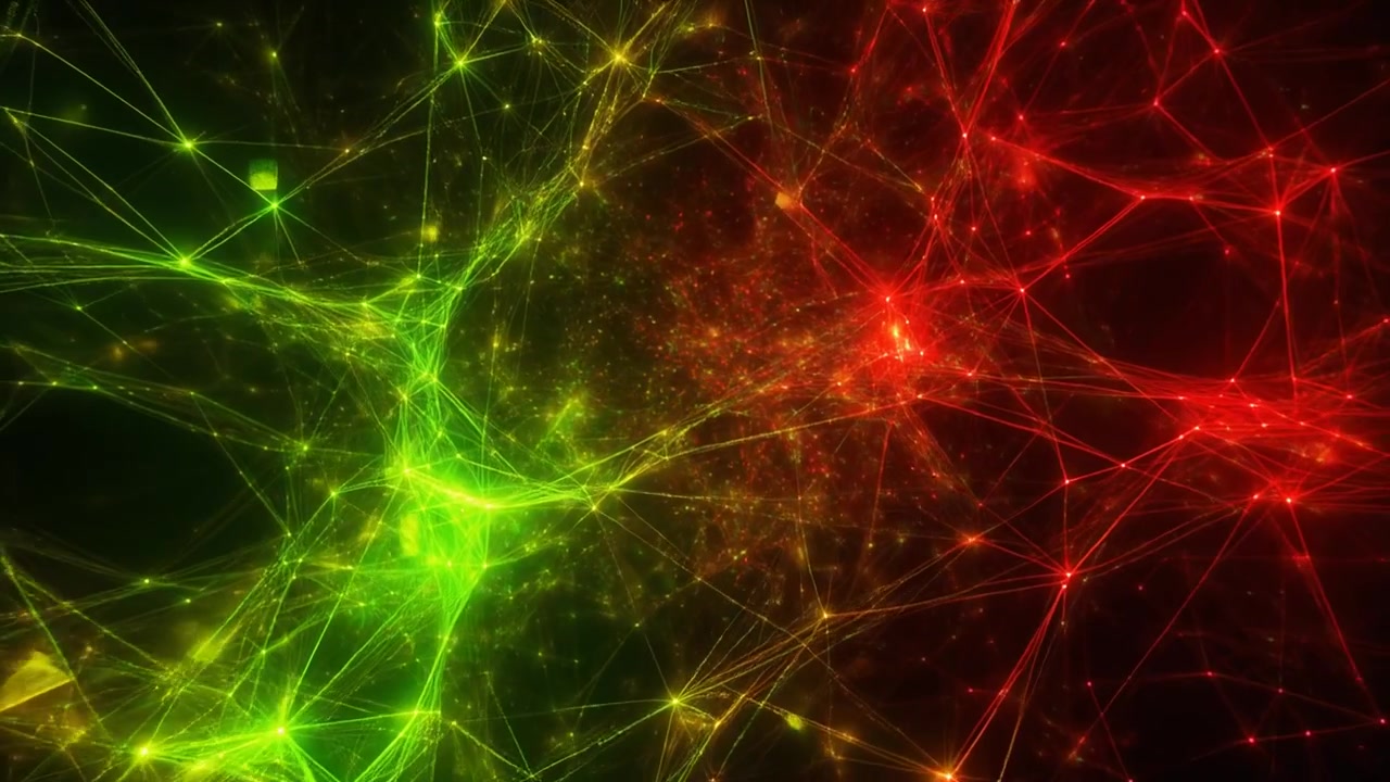 Conexión de red digital abstracta con nodos rojos y verdes brillantes