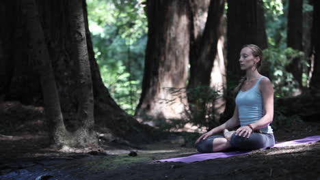 a woman sits alone in the forest and meditates