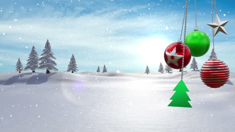 Animation-of-christmas-baubles-decorations-over-winter-scenery-background