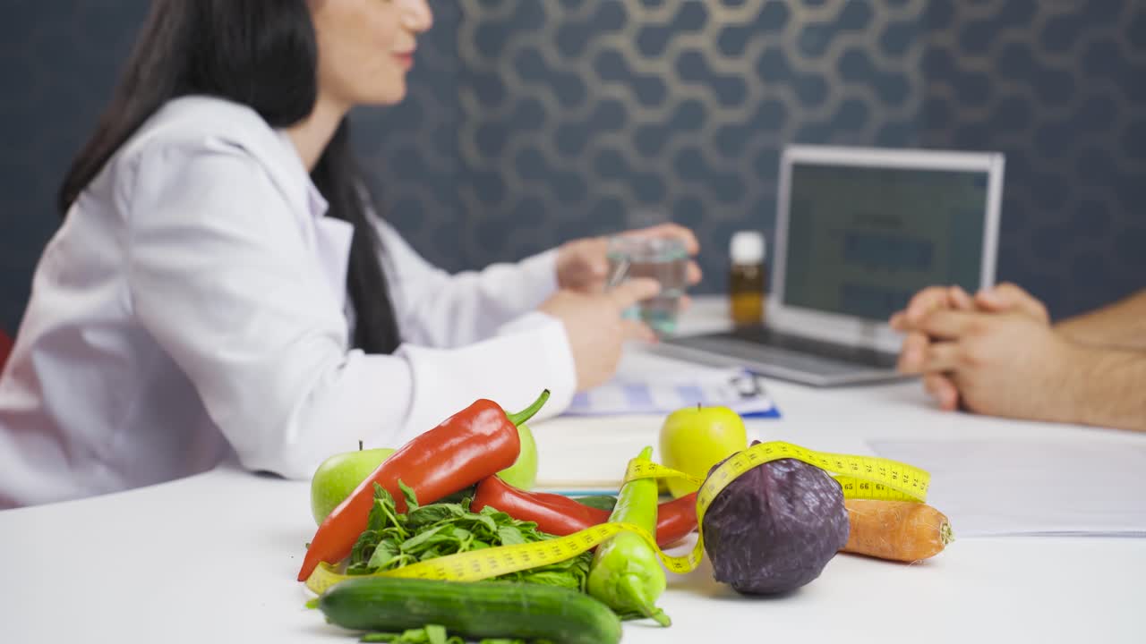 un dietista explicando la fórmula del estilo de vida saludable al paciente.