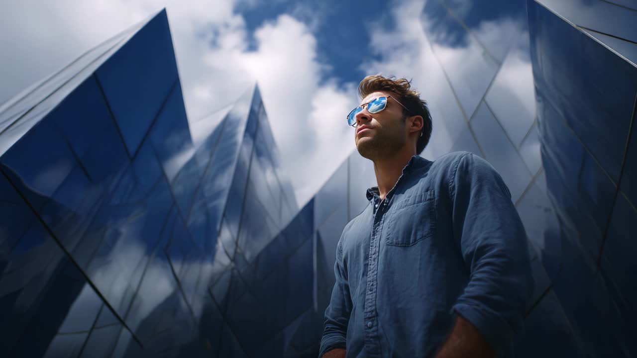 A thoughtful individual stands confidently in a modern urban landscape, framed by striking reflective buildings that accentuate the vibrant blue sky above, embodying a sense of aspiration and determination