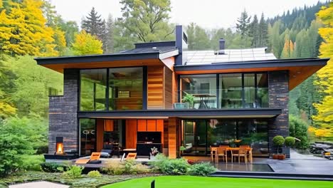 a modern house with a large deck in the middle of a lush green yard