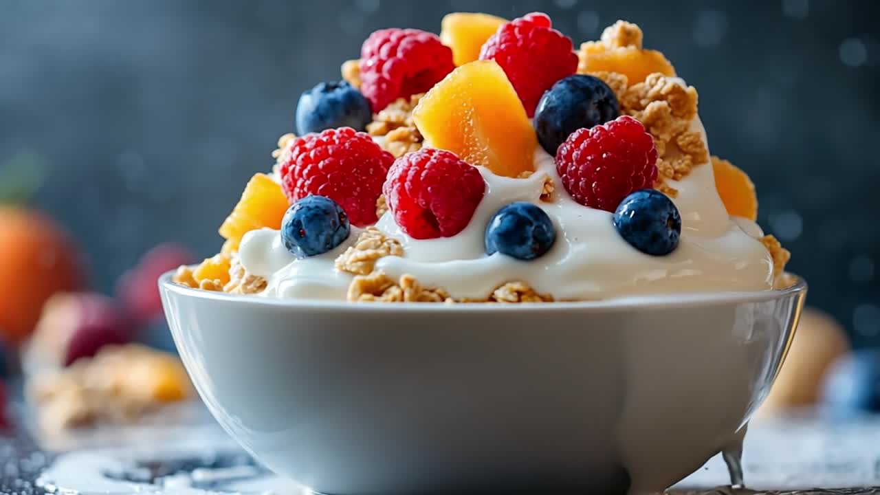 Vibrant yogurt bowl with fruits. A colorful bowl of yogurt topped with raspberries, blueberries, peaches, and granola makes a healthy breakfast.