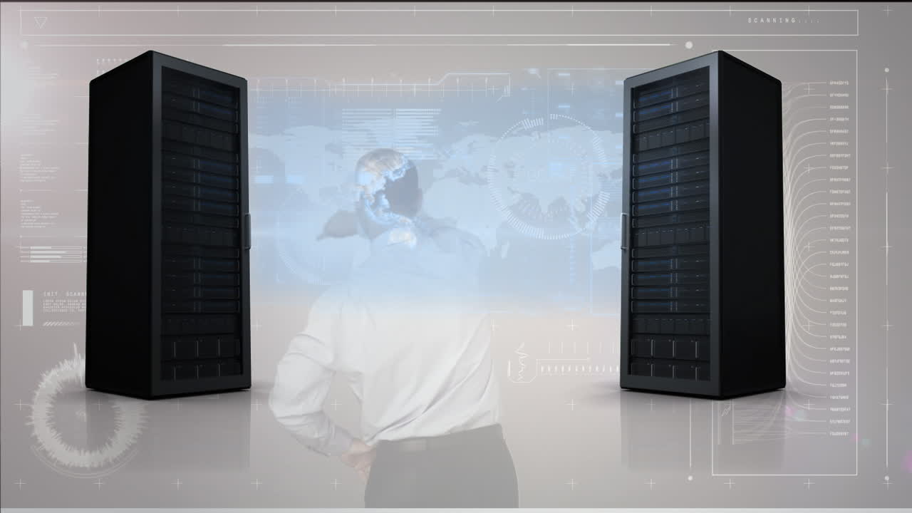 Animation of data processing over businessmen in server room