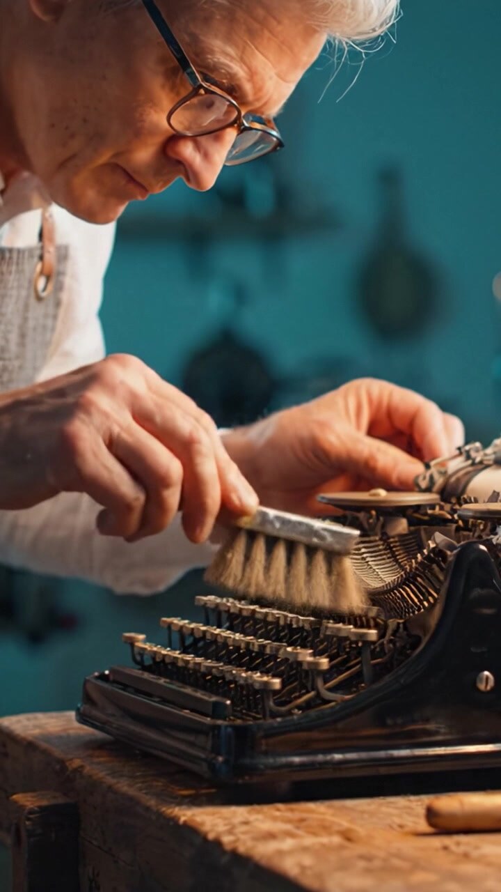 An Elderly Artisan Carefully Cleans a Vintage Typewriter with a Brush, Showcasing the Intricacies and Timeless Craftsmanship of Mechanical Writing Devices.
