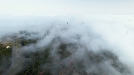 madeira wind turbines turn in rolling clouds on madeira mountain